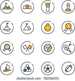 line vector icon set - attainment vector, pedestal, award, pawn, mountain, gold medal, flags cross, volleyball, badminton, windsurfing, billiards balls, soccer ball, football