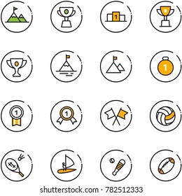 line vector icon set - attainment vector, cup, pedestal, win, gold, mountain, medal, flags cross, volleyball, badminton, windsurfing, baseball bat, football