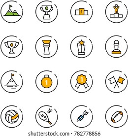 line vector icon set - attainment vector, cup, pedestal, winner, gold, award, pawn, mountain, medal, flags cross, volleyball, badminton, dart, football