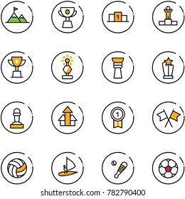 line vector icon set - attainment vector, cup, pedestal, winner, win, award, pawn, arrows up, gold medal, flags cross, volleyball, windsurfing, baseball bat, soccer ball