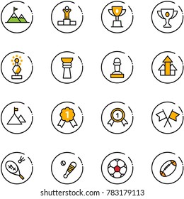line vector icon set - attainment vector, winner, win cup, gold, award, pawn, arrows up, mountain, medal, flags cross, badminton, baseball bat, soccer ball, football