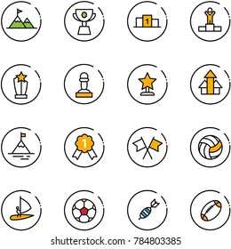 line vector icon set - attainment vector, cup, pedestal, winner, award, pawn, arrows up, mountain, gold medal, flags cross, volleyball, windsurfing, soccer ball, dart, football