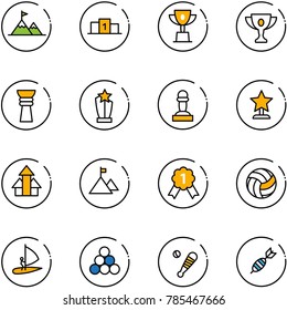 line vector icon set - attainment vector, pedestal, win cup, gold, award, pawn, arrows up, mountain, medal, volleyball, windsurfing, billiards balls, baseball bat, dart