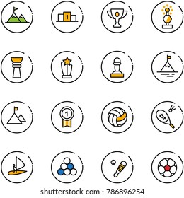 line vector icon set - attainment vector, pedestal, gold cup, award, pawn, mountain, medal, volleyball, badminton, windsurfing, billiards balls, baseball bat, soccer ball