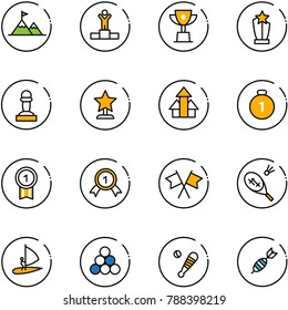 line vector icon set - attainment vector, winner, win cup, award, pawn, arrows up, gold medal, flags cross, badminton, windsurfing, billiards balls, baseball bat, dart