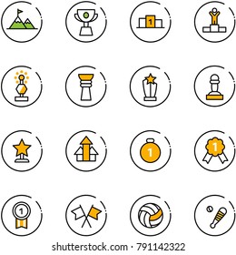 line vector icon set - attainment vector, cup, pedestal, winner, award, pawn, arrows up, gold medal, flags cross, volleyball, baseball bat