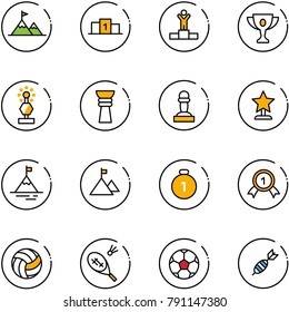 line vector icon set - attainment vector, pedestal, winner, gold cup, award, pawn, mountain, medal, volleyball, badminton, soccer ball, dart