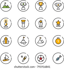 line vector icon set - attainment vector, cup, win, gold, award, arrows up, mountain, medal, windsurfing, baseball bat, soccer ball, dart