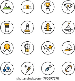 line vector icon set - attainment vector, pedestal, win cup, gold, award, pawn, arrows up, mountain, medal, flags cross, windsurfing, billiards balls, baseball bat, dart, football