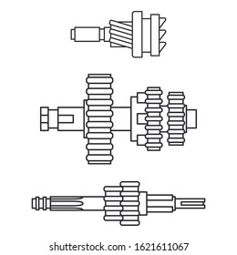 Line vector icon set auto moto parts accessories gear. Repair service equipment. Engine elements shop catalog. Vintage vehicle symbol. Motorcycle mechanic. Transportation. Graphic element background