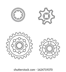 Line vector icon set auto moto parts accessories drive gear. Repair service equipment. Engine elements shop catalog. Vintage vehicle symbol. Motorcycle mechanic. Transportation. Graphic element sign.