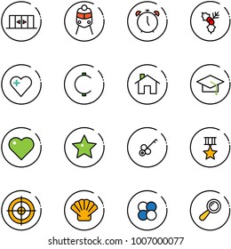 line vector icon set - automatic doors vector, train, alarm clock, holly, heart, cent, home, graduate hat, star, key, medal, target, shell, atom core, beanbag