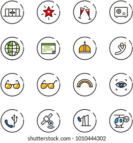 line vector icon set - automatic doors vector, christmas star, wine glasses, safe, globe, schedule, crown, flying man, sunglasses, rainbow, eye scanner, phone, satellite, oil derrick, helicopter toy