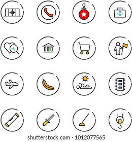 line vector icon set - automatic doors vector, phone, christmas ball, doctor bag, heart diagnosis, bank, cart, win, plane, banana, reading, chip, level, clinch, hoe, winch
