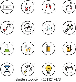 line vector icon set - automatic doors vector, wine, glasses, champagne, snowball house, heart diagnosis, head hunter, flask, drink, beer, sand clock, magnifier, bulb, protect glass
