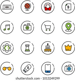 line vector icon set - automatic doors vector, globe, christmas wreath, account statement, music, camera, cart, map pin, gear, chess tower, bank building, crown, sunglasses, usb wi fi, mobile phone
