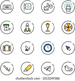 line vector icon set - automatic doors vector, first aid room, tonometer, mri, atm, rocket, pennant, parasol, suitcase, satellite antenna, clock, cursor, soldering iron, work knife, paper plane