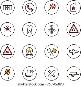 line vector icon set - automatic doors vector, phone, lollipop, star postcard, letter, tooth, bank, round motion road sign, for moto, medal, flags cross, plane, kite, printer wireless, delete