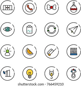 line vector icon set - automatic doors vector, phone, bow, christmas ball, eye, pulse clipboard, exchange, paper plane, idea, watermelone, suitcase, binary code, oil derrick, bulb, winch, beanbag