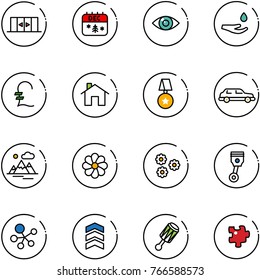 line vector icon set - automatic doors vector, christmas calendar, eye, drop hand, pound, home, star medal, limousine, mountains, flower, piston, molecule, chevron, beanbag, puzzle