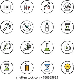 line vector icon set - automatic doors vector, wine, champagne, snowball house, bacteria, no alcohol sign, milk, sand clock, magnifier, head hunter, flask, green tea, drink, bulb