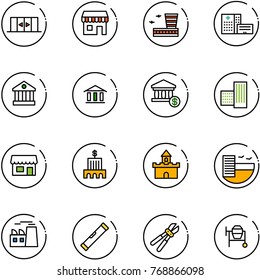 line vector icon set - automatic doors vector, duty free, airport building, hospital, bank, account, store, sand fort, hotel, plant, level, bolt cutter, cocncrete mixer