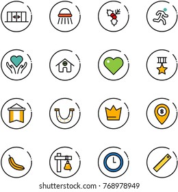 line vector icon set - automatic doors vector, shower, holly, run, heart care, home, star medal, pennant, luck, crown, atm map pin, banana, ship bell, clock, ruler