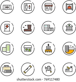 line vector icon set - automatic doors vector, elevator, duty free, baggage room, first aid, airport building, hospital, bank, store, hotel, sea, level, cocncrete mixer, stapler