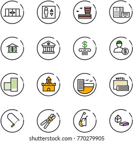 line vector icon set - automatic doors vector, elevator, airport building, hospital, bank, account, sand fort, hotel, sea, fretsaw, bolt cutter, winch, constructor blocks