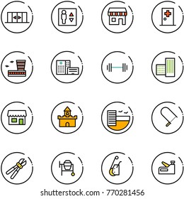 line vector icon set - automatic doors vector, elevator, duty free, first aid room, airport building, hospital, barbell, store, sand fort, hotel, fretsaw, bolt cutter, cocncrete mixer, winch