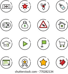line vector icon set - automatic doors vector, christmas star, holly, medical label, euro dollar, money bag, multi lane traffic road sign, home, graduate hat, play, flag, cart, schedule, medal