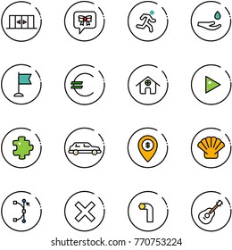 line vector icon set - automatic doors vector, bow message, run, drop hand, flag, euro, home, play, puzzle, limousine, atm map pin, shell, bezier, delete, allen key, guitar