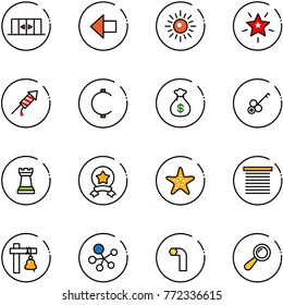 line vector icon set - automatic doors vector, left arrow, sun, christmas star, firework rocket, cent, money bag, key, chess tower, medal, starfish, jalousie, ship bell, molecule, allen, beanbag