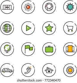 line vector icon set - automatic doors vector, sun, christmas wreath, globe, play, star, cart, flag, case, limousine, flying man, home