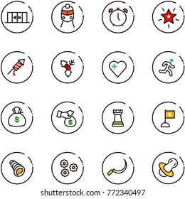 line vector icon set - automatic doors vector, train, alarm clock, christmas star, firework rocket, holly, heart, run, money bag, encashment, chess tower, flag, shell, flower, sickle, soother