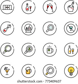 line vector icon set - automatic doors vector, wine, glasses, champagne, snowball house, bacteria, no alcohol sign, magnifier, head hunter, green tea, drink, beer, bulb