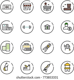 Line Vector Icon Set - Automatic Doors Vector, Duty Free, Airport Building, Hospital, Barbell, Bank, Account, Sea Hotel, Bolt Cutter, Cocncrete Mixer, Winch, Stapler, Gun Sealant, Toy Block House