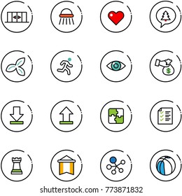 line vector icon set - automatic doors vector, shower, heart, merry christmas message, three leafs, run, eye, encashment, download, uplooad, puzzle, list, chess tower, pennant, molecule, basketball