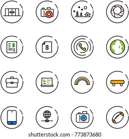 line vector icon set - automatic doors vector, camera, christmas landscape, wreath, account statement, phone horn, globe, portfolio, statistics monitor, rainbow, skateboard, mobile, football