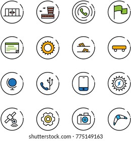 line vector icon set - automatic doors vector, airport building, phone horn, flag, schedule, sun, flip flops, skateboard, globe, mobile, power, satellite, gear, camera, boomerang