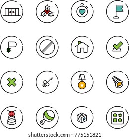 line vector icon set - automatic doors vector, holly, stopwatch heart, flag, ruble, no limit road sign, home, check, delete cross, key, star medal, shell, pyramid toy, beanbag, cube, hole