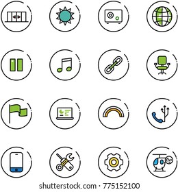 line vector icon set - automatic doors vector, sun, safe, globe, pause, music, link, office chair, flag, statistics monitor, rainbow, phone, mobile, wrench screwdriver, gear, helicopter toy