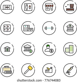 Line Vector Icon Set - Automatic Doors Vector, Elevator, Duty Free, Airport Building, Baggage Room, Hospital, Barbell, Bank, Account, Sea Hotel, Rubber Hammer, Stapler, Gun Sealant