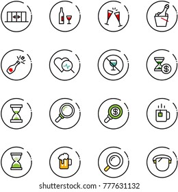 line vector icon set - automatic doors vector, wine, glasses, champagne, heart diagnosis, no alcohol sign, account history, sand clock, magnifier, search money, green tea, beer, protect glass