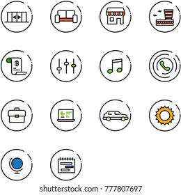 line vector icon set - automatic doors vector, vip waiting area, duty free, airport building, account history, settings, music, phone horn, portfolio, statistics monitor, limousine, sun, globe