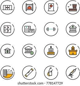 Line Vector Icon Set - Automatic Doors Vector, Baggage Room, First Aid, Airport Building, Hospital, Barbell, Bank, Account, Sand Fort, Hotel, Level, Winch, Gun Sealant