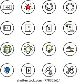 line vector icon set - automatic doors vector, christmas star, wreath, exchange, safe, account statement, history, globe, gear, flip flops, power bank, satellite, wrench screwdriver