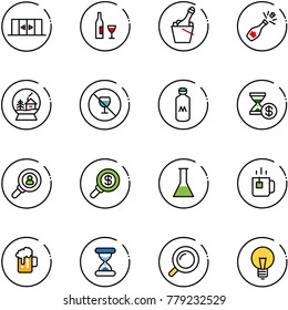 line vector icon set - automatic doors vector, wine, champagne, snowball house, no alcohol sign, milk, account history, head hunter, search money, flask, green tea, beer, sand clock, magnifier, bulb
