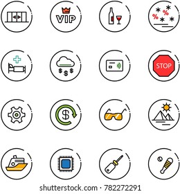 line vector icon set - automatic doors vector, vip, wine, christmas sale, hospital bed, money rain, tap pay, stop road sign, gear, dollar reload, sunglasses, pyramid, cruiser, cpu, screwdriver