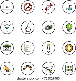 line vector icon set - automatic doors vector, no smoking sign, candy, stomach, bladder, onion, dollar, idea, calendar, document, tie, sun, watermelone, rainbow, wheelbarrow, cube hole toy